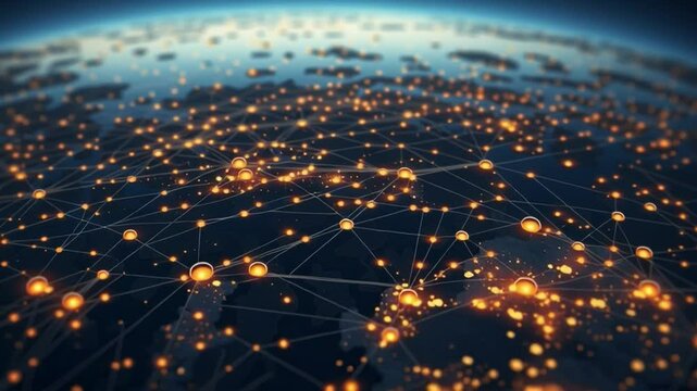 Network of Connected Nodes: A mesmerizing visual of interconnected nodes, symbolizing the vastness of a global network, data flow, and the interconnectedness of the digital age.