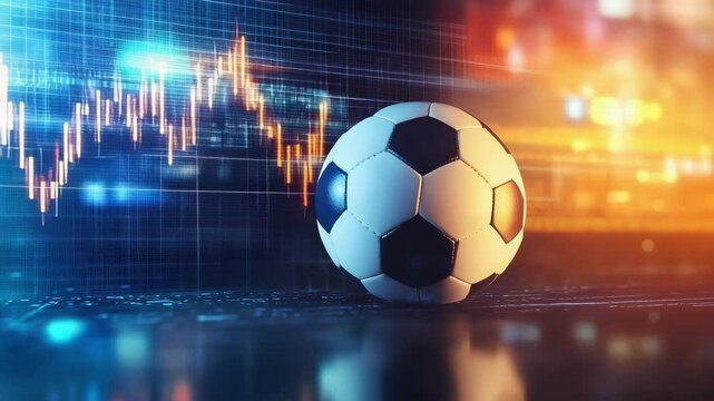 A soccer ball placed on a surface with a digital soundwave graphic and colorful abstract background. - Powered by Adobe