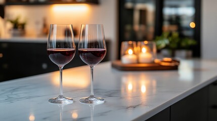 Elegant romantic setting featuring two filled red wine glasses on a marble countertop illuminated by soft candlelight, with a blurred sophisticated dining background evoking warmth and celebration