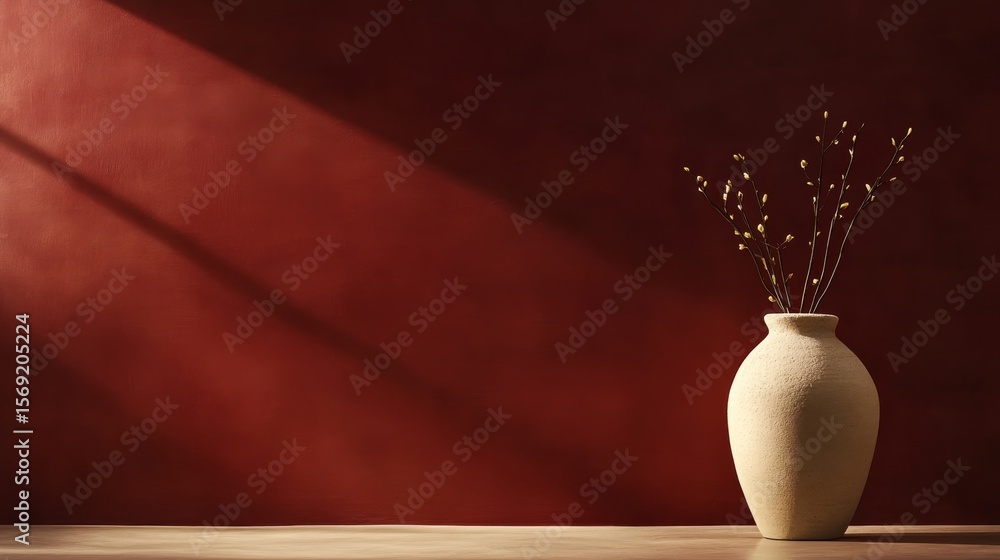 Poster Minimalist limestone vase with delicate branches illuminated by sunlight against a deep red textured wall