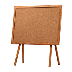 Isolated wooden cork board displayed on a wooden easel stand for presentations