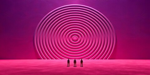 Contemporary Art Scene Featuring Three Silhouettes Before Giant Pink Concentric Rings on Textured Ground