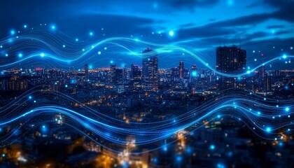 Futuristic smart city landscape with advanced cyber networks and urban innovation technologies.