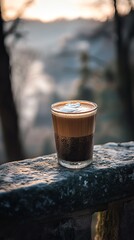 Cold coffee on stone balcony.