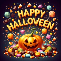 An illustration of a cheerful jack-o'-lantern surrounded by magically floating Halloween candy. A group of these colorful candies has cleverly arranged itself to spell out "Happy Halloween"
