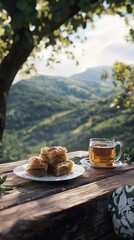 Turkish tea with baklava outdoors.