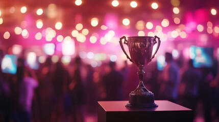 Celebratory esports trophy on a podium surrounded by vibrant neon lights and excited crowd in the background, capturing the thrill of victory and competitive spirit