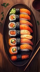 Sushi platter on wooden table with chopsticks.