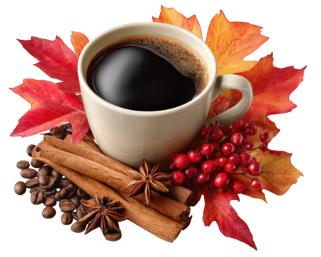 Coffee cup autumn leaf cinnamon stick star anise coffee bean red berry fall spice seasonal warm aromatic beverage create cozy autumn mood with rich colors and inviting aroma - Powered by Adobe