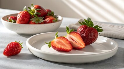 Fresh Strawberries on White Plates with Natural Light and Neutral Background