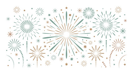 Obraz premium New Year Firework Vector Set – Golden, Green, and Grey Fireworks on White Background – Perfect for Holiday Decoration, Print, Poster, Banner, Card, or Wallpaper Design