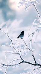 bird perched on frost-covered tree branch.