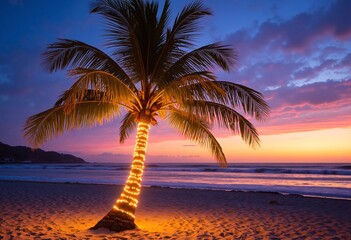 Christmas lights on a palm tree at sunset on the beach
