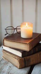 stacked books with candle and glasses beside.