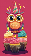 Owl with birthday cupcakes and candles a plain background.