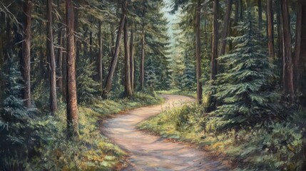 Fototapeta premium A serene forest path winding through tall trees and lush greenery.