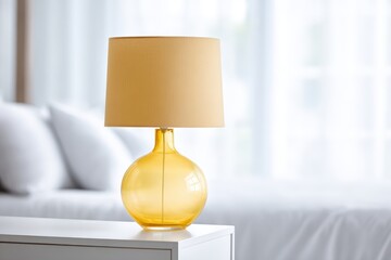 Elegant yellow glass lamp with soft fabric shade on bedside table, illuminating cozy bedroom with soft natural light and inviting atmosphere