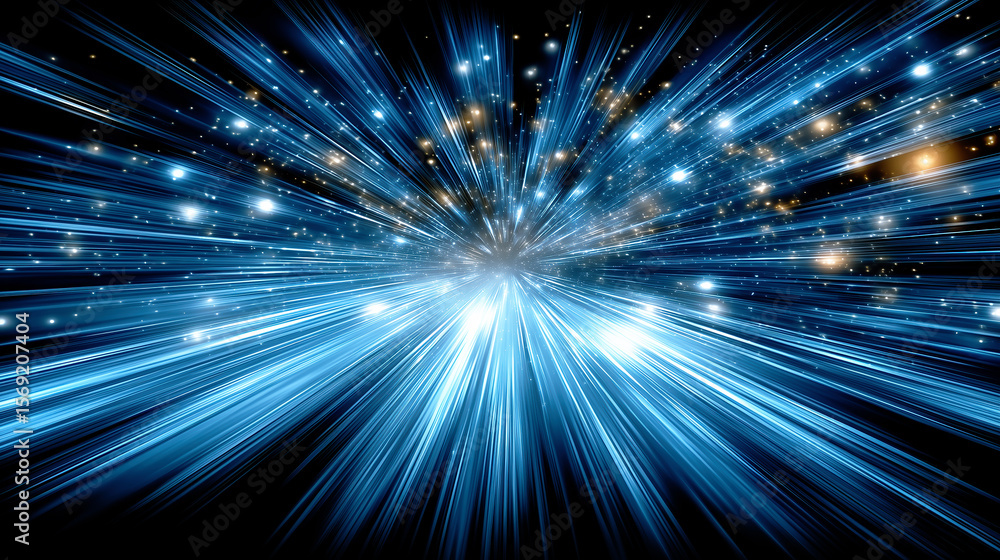 Poster a dynamic abstract background of blue and gold light trails moving at high speed, representing a fut
