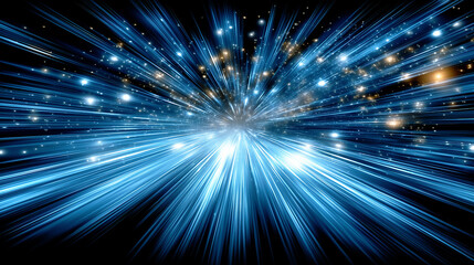 A dynamic abstract background of blue and gold light trails moving at high speed, representing a futuristic starburst or data explosion.