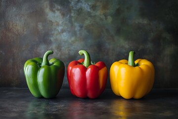 Red, yellow and green bell peppers on a dark background
