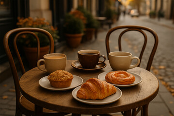 Street Caf&eacute; Table with Warm Drinks and Fresh Pastries &ndash; Cozy Outdoor Scene