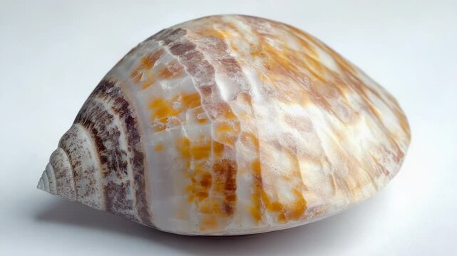 A single shell photographed from a close distance on a white background