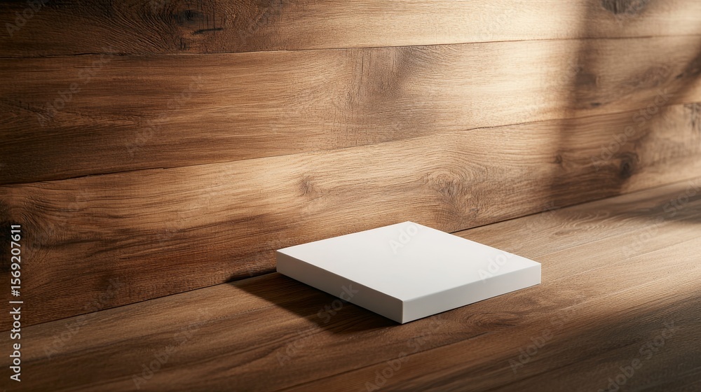 Poster minimalist blank white package resting on a light wooden shelf in organic retail environment with so
