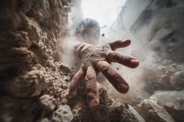 A Child hand reaching out from under collapsed concrete, dust-covered fingers trembling, buried deep under rubble, 