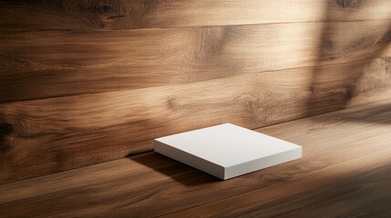 Minimalist blank white package resting on a light wooden shelf in organic retail environment with soft lighting and natural textures