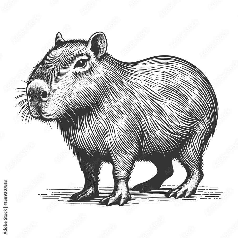 Poster capybara sketch engraving generative ai fictional character raster illustration. scratch board imita