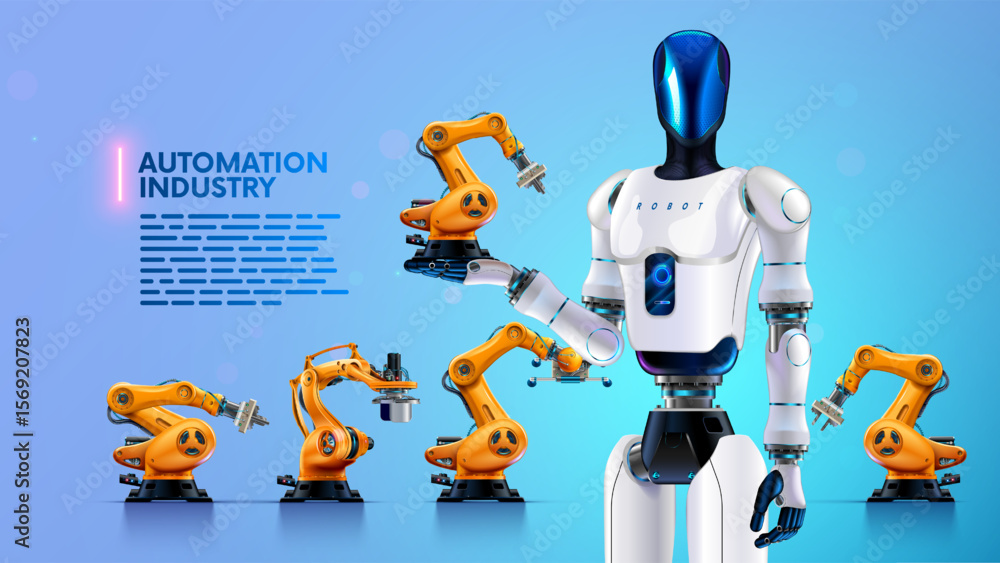 Poster a humanoid robot with ai stands surrounded by industrial robots and holds an industrial robotic arm 