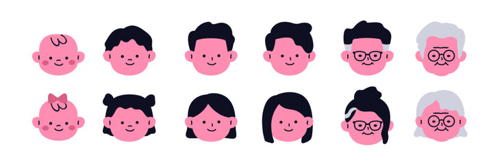 Face icons set, different ages from baby to senior. Male and female characters from infant, child, young adult to mature, old, elderly people. Flat vector illustration isolated on white background