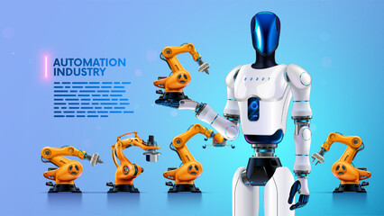 A humanoid robot with AI stands surrounded by industrial robots and holds an industrial robotic arm in the palm of his hand. Future automation industry concept. Anthropomorphic cyborg on factory.
