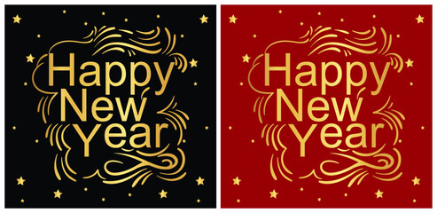 Happy New Year 2025 calligraphy script hand lettering. Gold Navy Red . Flow Black Fountain.