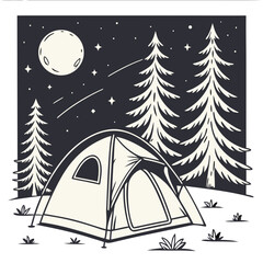 Camping Tent Under Starry Night with Retro Line Art – Vintage Outdoor Adventure Illustration, Minimalist Nature Scene, Bohemian Campsite Poster, Celestial Campout Design, Nostalgic Wilderness Art