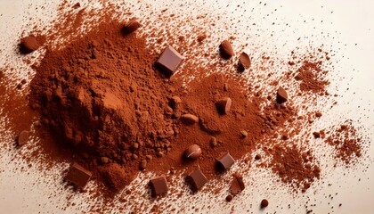 Chocolate and coffee, cocoa powder scattered gently across a light surface, evoke warmth and indulgence. Earthy particles create a rustic texture, perfect for culinary designs, organic branding, or co