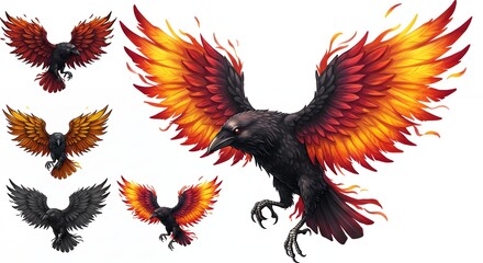 Obraz premium Flying raven with fiery wings four variations