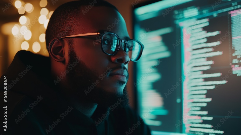 Poster intense male developer with glasses working late in dim room filled with glowing screens displaying 