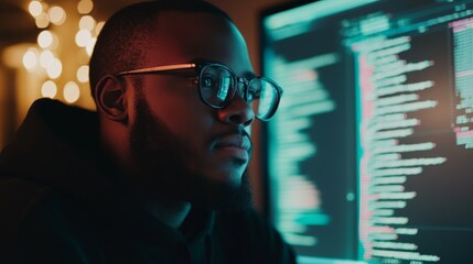 Intense male developer with glasses working late in dim room filled with glowing screens displaying lines of code, reflecting ambient rgb light creating focused and immersive atmosphere