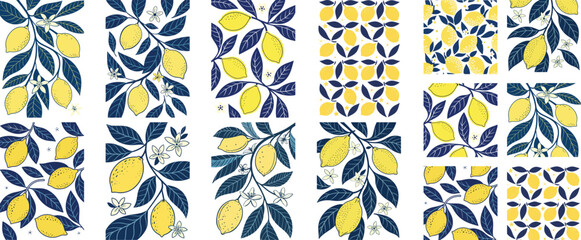 Summer in Amalfi Coast – Mediterranean Seamless Vector Pattern with Lemons, Sardines, Italian Blue Tiles and Ceramics – Perfect for Invitations, Posters, Stamps, and Cards
