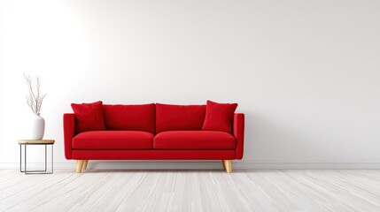 Modern red sofa with decorative cushions placed against a minimalist white wall, creating a stylish and inviting living room atmosphere
