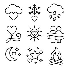 Valentine's Weather Icons. Outline style icons of Valentine&rsquo;s Day Weather and Atmosphere Silhouette: cloudy sky with heart, snow