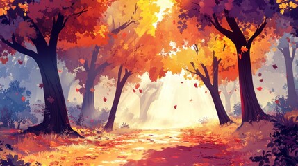 Colorful autumnal forest pathway bathed in sunlight.