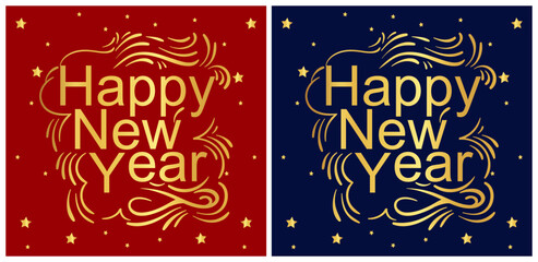 Happy New Year 2025 calligraphy script hand lettering. Gold Navy Red . Flow