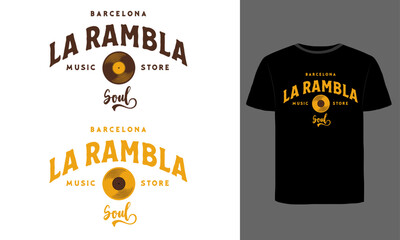 Vintage Logo Design Featuring Rustic Typography and a Classic Vinyl Record for a Music Store in Barcelona Called "La Rambla Soul". Retro aesthetic, music shop branding, record store, old school vibe