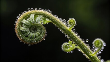 A delicate fern frond unfurls adorned with glistening dew drops against a dark moody background