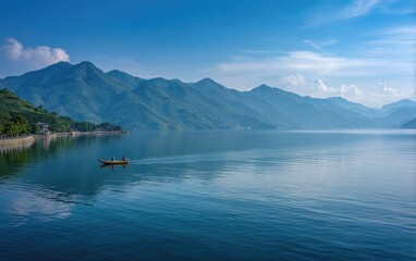 Serene lake, mountains, and a small boat