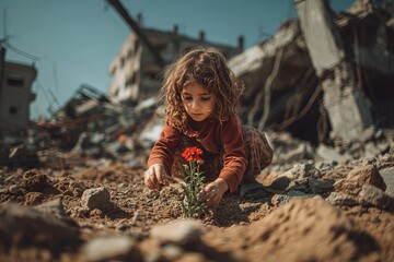 Girl planting a flower in rubble of Gaza, small act of hope amidst ruins bright focus, contrast between destruction and life, shallow depth of field