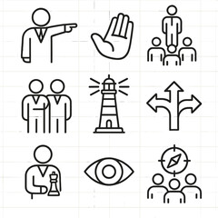 Leadership Icons. Outline style icons of Leadership and Guidance: leader pointing forward, guiding hand, team support under leader
