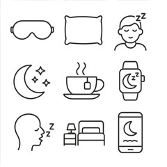Sleep Health Icons. Outline style icons of Sleep Health: sleep mask, night pillow, sleeping person icon, crescent moon with stars,